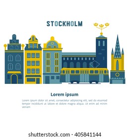 Vector set of characters with elements of Swedish design. Town Hall. A lion. Horse Dali. Vikings. It could be used for greeting cards, invitations, posters, flyers and other printed materials.