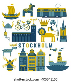 Vector set of characters with elements of Swedish design. Town Hall. A lion. Horse Dali. Vikings. It could be used for greeting cards, invitations, posters, flyers and other printed materials.