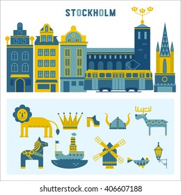 Vector set of characters with elements of Swedish design. Town Hall. A lion. Horse Dali. Vikings. It could be used for greeting cards, invitations, posters, flyers and other printed materials.