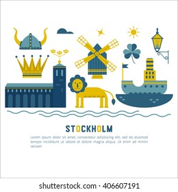 Vector set of characters with elements of Swedish design. Town Hall. A lion. Horse Dali. Vikings. It could be used for greeting cards, invitations, posters, flyers and other printed materials.