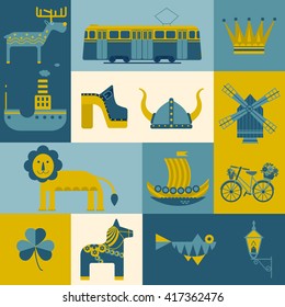 Vector set of characters with elements of Swedish design. Town Hall. A lion. Horse Dali. Vikings. It could be used for greeting cards, invitations, posters, flyers and other printed materials.