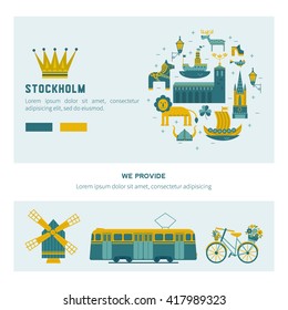 Vector set of characters with elements of Swedish design. Town Hall. A lion. Horse Dali. Vikings. It could be used for greeting cards, invitations, posters, flyers and other printed materials.