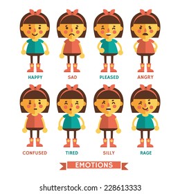 Vector set of characters in flat cartoon style with different emotions. Sadness, joy, anger, stupidity and other images of the character. Cartoon emotions of girl  character.