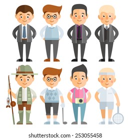 Vector set of characters in a flat style. Men at work and at play. Men in business suits and clothing for leisure