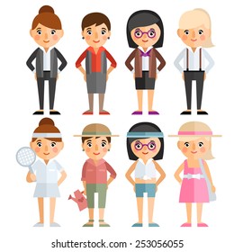 Vector set of characters in a flat style. Women at work and at play. Business suits and casual clothing