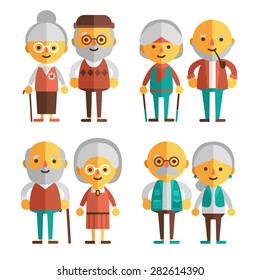 Vector set of characters in a flat style. Cartoon characters elderly. Grandparents in different clothes and different styles.