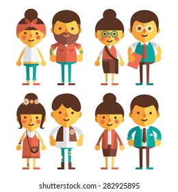 Vector set of characters in a flat style. Loving couple of stylish young people. Girls and boys in different costumes - hipsters, students, hippies, sportsmen.