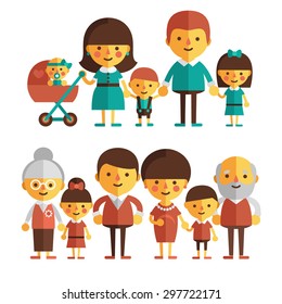 Vector set of characters in a flat style. The family - mom, dad, grandmother, grandfather and children. Happy family.