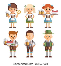 Vector set of characters in a flat style for Oktoberfest. Oktoberfest icons of men and women in traditional Bavarian costume.