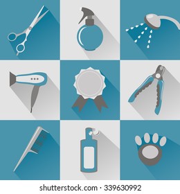Vector set of characters in a flat style.  The main tools which are used in the beauty salon for animals. Dog grooming icons set.       