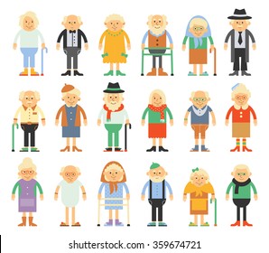 Vector set of characters in a flat style. Older people in different costumes.