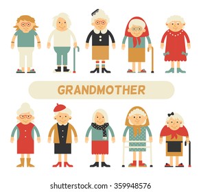 Vector set of characters in a flat style. Cartoon characters elderly. Grandmothers in different clothes.