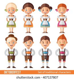 Vector set of characters in a flat style for Oktoberfest. Oktoberfest icons of men and women in traditional Bavarian costume.