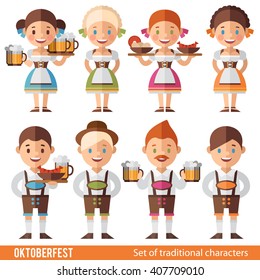 Vector set of characters in a flat style for Oktoberfest. Girls and boys in traditional Bavarian costume with a beer and a snack. Oktoberfest Autumn characters