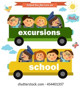 Vector set of characters in flat style. School bus, kids, smiling sun, butterfly.