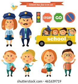 Vector set of characters in flat style. School bus, kids, bus driver.