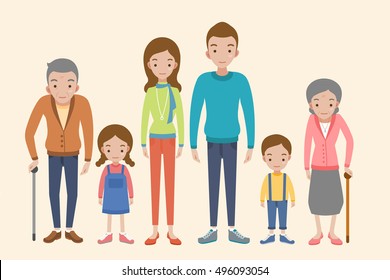 Vector set of characters in a flat style. The big family - grandfather, grandmother, mom, dad, kids.
