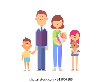 Conjunto vectorial de caracteres en un estilo plano adecuado para la animación. Gran familia juntos - mamá con recién nacido, papá, niños. Feliz retrato familiar aislado de fondo blanco.