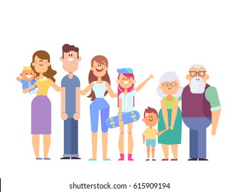 Vector Set Of Characters In A Flat Style Good For Animation. Big Family Together - Grandfather, Grandmother, Mom, Dad, Kids. Happy Family Portrait Isolated On White Background.