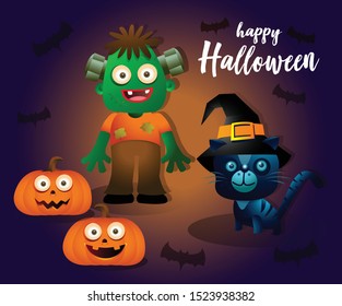 Vector set of characters for Halloween in cartoon style.Halloween greeting card. Cute black cat in a witch hat sitting on a Halloween pumpkin