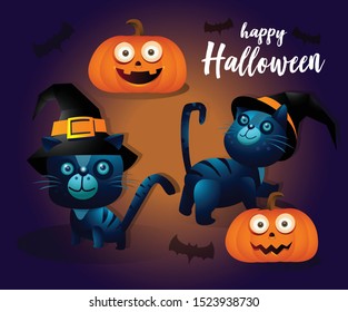 Vector set of characters for Halloween in cartoon style.Halloween greeting card. Cute black cat in a witch hat sitting on a Halloween pumpkin