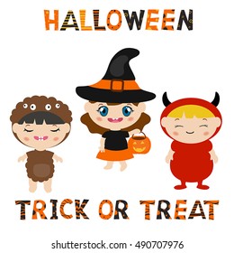 Vector set of characters for Halloween in cartoon style. Children dressed in costumes for Halloween.
