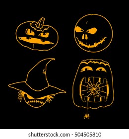 Vector set of characters for Halloween in cartoon style. Pumpkins and ghosts for Halloween. Orange silhouette on black background