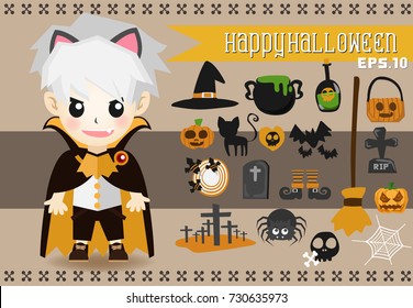 Vector set of characters for Halloween in cute cartoon style. Children in vampire costumes for Halloween. Pumpkin, ghost, cat, witches cauldron and other traditional elements of Halloween.