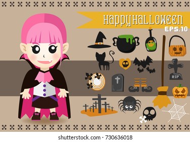Vector set of characters for Halloween in cute cartoon style. Children in vampire costumes for Halloween. Pumpkin, ghost, cat, witches cauldron and other traditional elements of Halloween.