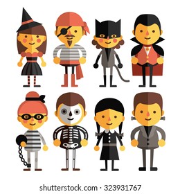 Vector set of characters for Halloween in flat style. Prisoner, ghost, witches, pirate and other traditional characters for Halloween. Flat characters in costumes for Halloween.