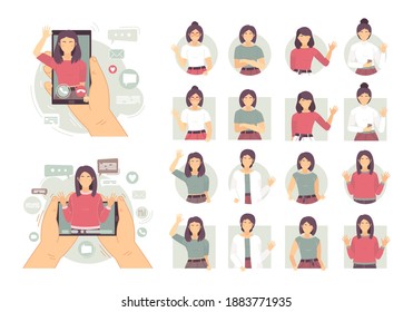 Conjunto vectorial de personajes felices mujeres mirando y saludando