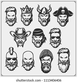 Vector set of characters. Hipsters, pirate, lamberjack, king, viking, sheriff.
