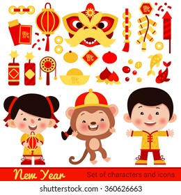 Vector set of characters and icons for the Chinese New Year. Year of the Monkey. Traditional symbols of Chinese New Year and cute characters.