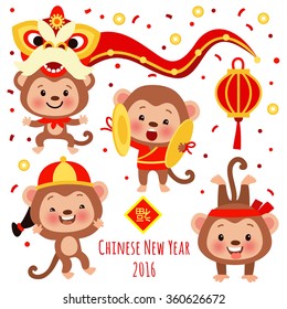 Vector set of characters and icons for the Chinese New Year. Year of the Monkey. Traditional symbols of Chinese New Year and cute characters.