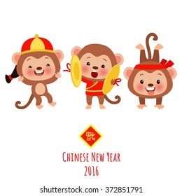 Vector set of characters and icons for the Chinese New Year. Year of the Monkey. Traditional symbols of Chinese New Year and cute characters
