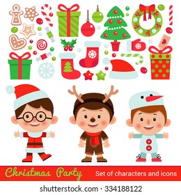 Vector set of characters and icons for Christmas in cartoon style. Gifts and sweets, gingerbread, snowflakes and other traditional elements of Christmas. Children in costumes for Christmas.