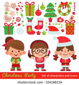 Vector set of characters and icons for Christmas in cartoon style. Gifts and sweets, gingerbread, snowflakes and other traditional elements of Christmas. Children in costumes for Christmas.