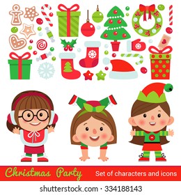 Vector set of characters and icons for Christmas in cartoon style. Gifts and sweets, gingerbread, snowflakes and other traditional elements of Christmas. Children in costumes for Christmas.