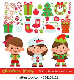Vector set of characters and icons for Christmas in cartoon style. Gifts and sweets, gingerbread, snowflakes and other traditional elements of Christmas. Children in costumes for Christmas.