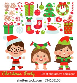 Vector set of characters and icons for Christmas in cartoon style. Gifts and sweets, gingerbread, snowflakes and other traditional elements of Christmas. Children in costumes for Christmas.