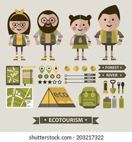 Vector set of characters and icons in flat style tourism and hiking. Girls and boys in hiking gear, maps, tent, backpack and other items for hiking in cartoon style