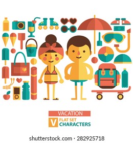 Vector set of characters and icons in  flat style. Cartoon characters in bathing suits and beach items. Girl and  boy on a summer vacation. 