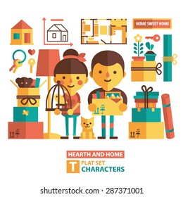 Vector set of characters and icons in a flat style. Moving, changing apartments, buying an apartment, the couple moves into a new apartment.