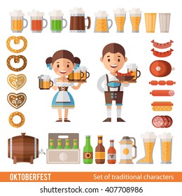 Vector set of characters and icons in a flat style  Oktoberfest. Girls and boys in folk costumes. Set of beer mugs, barrel, bottle, hot dogs, and other attributes of the Oktoberfest. 