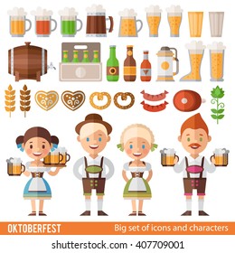 Conjunto vectorial de caracteres e iconos en un Oktoberfest de estilo plano. Niñas y chicos con trajes de folk. Conjunto de tazas de cerveza, barril, botella, hot dogs, y otros atributos del Oktoberfest.