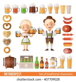 Vector set of characters and icons in a flat style  Oktoberfest. Girls and boys in folk costumes. Set of beer mugs, barrel, bottle, hot dogs, and other attributes of the Oktoberfest. 