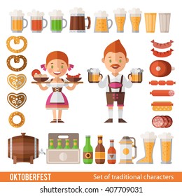 Vector set of characters and icons in a flat style  Oktoberfest. Girls and boys in folk costumes. Set of beer mugs, barrel, bottle, hot dogs, and other attributes of the Oktoberfest. 