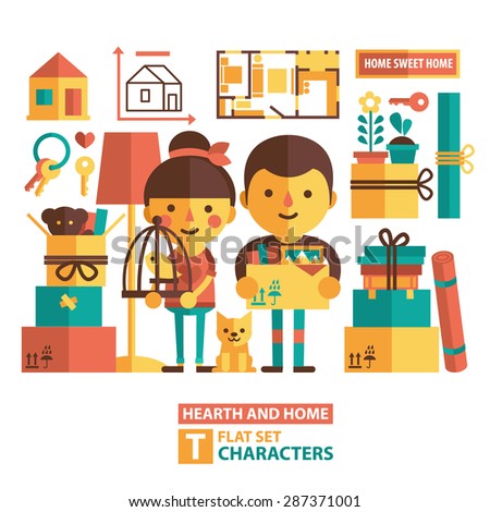 Vector set of characters and icons in a flat style. Moving, changing apartments, buying an apartment, the couple moves into a new apartment.