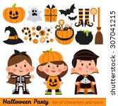 Vector set of characters and icons for Halloween in cartoon style. Pumpkin, ghost, candy, witches cauldron and other traditional elements of Halloween. Children in costumes for Halloween.