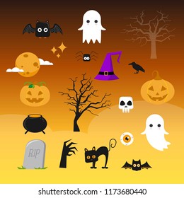 Vector set of characters and icons for Halloween illustration